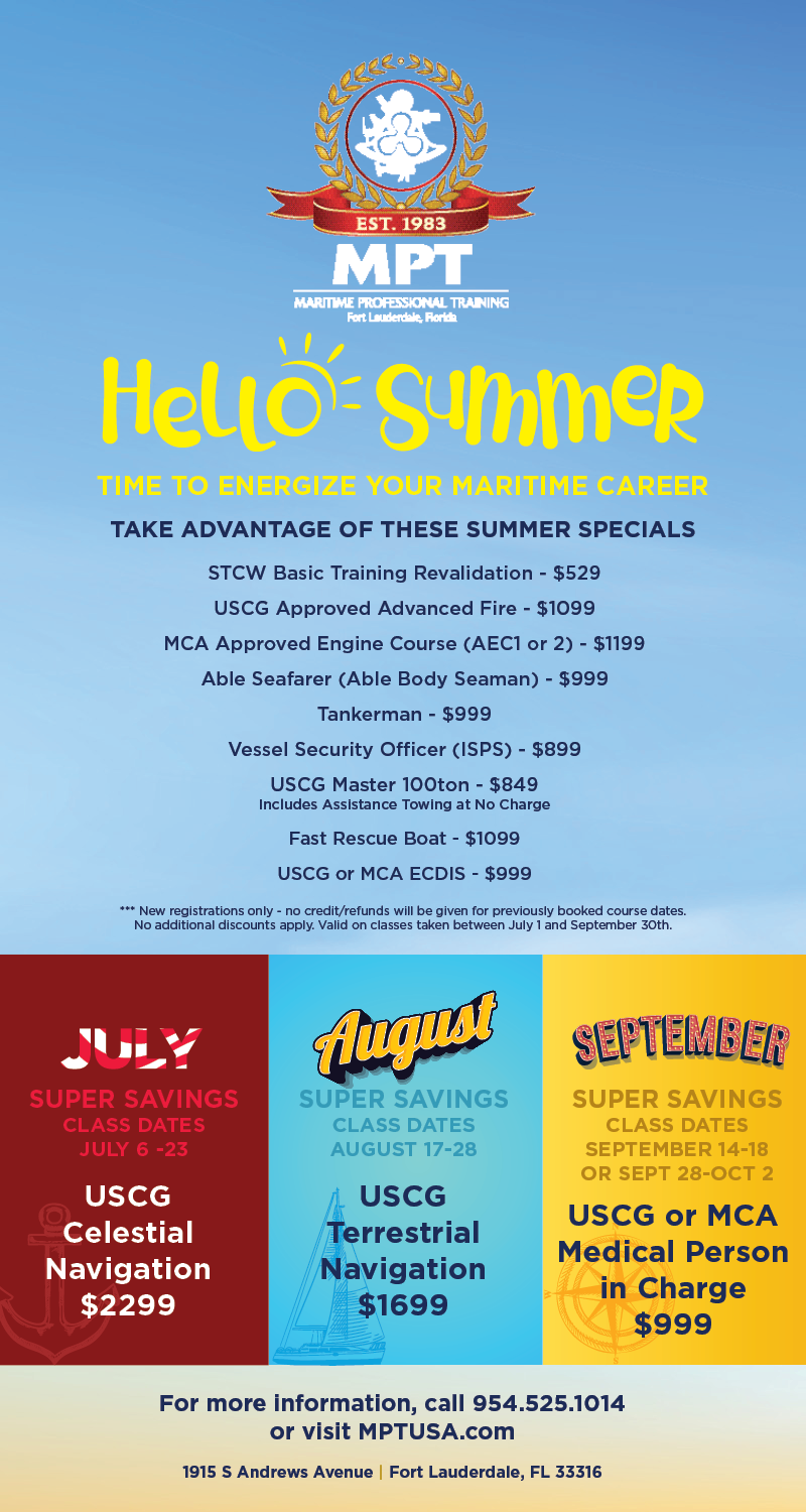 MPT Hello Summer specials flyer with discounted maritime course prices through September 30.